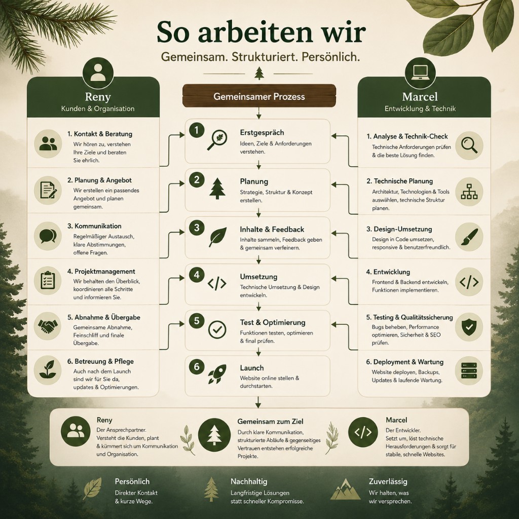 So arbeiten wir bei Codarion: Reny übernimmt Kundenkontakt und Organisation, Marcel Entwicklung und Technik — Schritt für Schritt gemeinsam bis zum Launch.